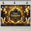 Banner de telón de fondo para fiesta de graduación transfronteriza, telón de fondo negro y dorado "Felicitaciones por la Graduación", fondo de decoración para ceremonia de graduación