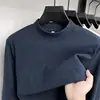 Camiseta básica de manga larga para hombre con cuello semi-alto de seda de morera, cálida, contiene lana, color liso, casual, adecuada para usar en capas en otoño e invierno