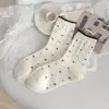Meias Femininas Estilo Coreano Estilo Ins Meia Malha Cinza e Branca Coração Laço Meia de Cano Médio para Mulheres Algodão Penteado Meias Femininas Sem Costura