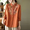Camisa de Manga Larga de Algodón y Lino con Bordado en Solapa, Estilo Étnico Artístico Retro Suelto de Talla Grande para Primavera y Otoño, Venta al por Mayor y Dropshipping de Comercio Exterior