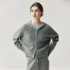 Conjunto de Jaqueta Tricotada para Mulheres, Caxemira Grossa Estilo Outono e Inverno, Cardigan Waffle Soltinho, Calça de Pernas Largas com Capuz, Xadrez, Mangas Longas