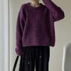 Suéter Pulôver de Lã Bouclé Cor Sólida Gola Redonda Feminino 2025 Outono e Inverno Novo Estilo Loose Coreano Cruzado Estilo Preguiçoso Suéter de Tricô