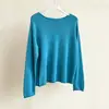 Malha azul lago! Blusa de malha solta de algodão seda lyocell com bainha enrolada, manga longa, para outono precoce, feminina
