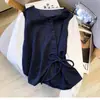 Camisa Irregular Estilo Coreano Falsa Duas Peças com Ajuste na Cintura para Mulheres, Novo Design Primavera 2026, Blusa de Manga Longa com Aparência Jovem