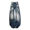 Jeans Feminino Retrô Americano Lavado com Padrão de Nó de Bambu, Pernas Curvas, Design High Street Outono/Inverno, Calças Largas Soltas Emagrecedoras