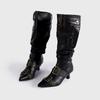 Botas de Montón de Caña Larga con Hebilla Metálica de Punta Hechas a Medida de Fábrica Botas de Moda Retro de Tacón Alto Pequeño Botas Largas Sexys para Mujer