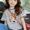 Camiseta de Rayas 100% Algodón para Niña, Diseño de Verano para Bebé con Encaje y Bordado Sintético, Top de Manga Corta para Niños Mayores, Dulce Prenda Básica