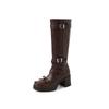 Hebilla de Cinturón con Lazo Dulce y Fresca Sexy Coreana Botas Altas de Suela Gruesa 2025 Botas Elásticas de Cuero Genuino de Tacón Grueso y Punta Cuadrada