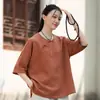 Camisa de manga corta de verano, top de algodón y lino con botones para mujer, estilo chino vintage, corte holgado, cuello diagonal, atuendo Zen para té, camiseta de madre