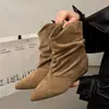 Botines de Mujer con Tacón Oculto 2026 Botas Vaqueras Estilo Millennial para Mujer Botas de Monta de Punta Estrecha Botas Arrugadas Apiladas Pierna Ancha