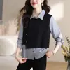 Camisa a rayas falsa de dos piezas para mujer, de manga larga, diseño único, chaleco vintage, top estilizado y elegante, versátil para primavera