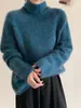 Suéter Puyuan Outono e Inverno 100% Lã Suéter de Caxemira Escovado para Mulheres, Gola Alta Fio Floral, Espessado, Estilo Solto e Preguiçoso