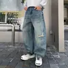 Jeans de alta qualidade com lavagem desgastada e rasgos para homens, nova marca da moda de outono, estiloso e descolado, calça de corte solto e comprimento até o chão