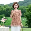 Camiseta de Manga Curta de Verão para Mulheres de Meia-Idade e Idosas, Camisa de Chiffon Solta de Tamanho Grande, Top de Malha Base de Comprimento Médio para Mulheres
