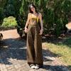 Moda Nova Primavera 2025 Design Macacão Estampa de Leopardo Feminino Solto Cintura Alta Emagrecedor Pingente Perna Larga Calça Jeans