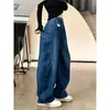 Calça Scimitar Wide-Leg Bordada de Designer para Mulheres, Novo Estilo de Verão, Jeans Americano Retro Azul de Cintura Alta Solto Emagrecedor para Mulheres