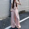 Chaleco corto sin mangas rosa suave estilo coreano con pantalones de pierna ancha de cintura alta con cordón, atuendo casual holgado adelgazante para commuting