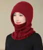 Gorro de lana tejido cálido con forro polar para ciclismo al aire libre en invierno para mujer, diseño integrado con máscara y calentador de cuello