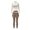 Conjunto de treino para academia para mulheres, com tecido de toque natural para yoga, color block, afina a cintura, top com zíper, cintura alta, levanta bumbum, calça fitness