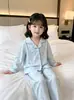 Conjunto de pijama infantil, estilo fino para primavera e outono, roupa para casa com ar condicionado para meninas, cardigã de manga comprida, pijama doce estilo coreano de algodão nuvem para meninas