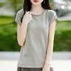 Camisa Base Versátil Feminina de Lã Fina com Gola Redonda e Manga Curta para Primavera e Verão, Malha Simples e Elegante, Venda Direta do Fabricante