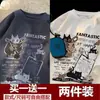 Camiseta Retrô Americana de Manga Curta Masculina Verão Nova Marca de Moda High Street Roupas Soltas Tamanho Grande Juventude Meia-Manga