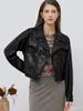 Jaqueta de Couro PU com Lapela Europeia e Americana e Múltiplos Bolsos Feminina Solta com Ombro Caído Curta Retrô Casual Jaqueta de Couro Outerwear