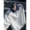 Sudadera americana de tres rayas blanca y gris para hombre, estilo otoño e invierno, sin capucha, hombro normal, camiseta de manga larga, polo base de peso pesado