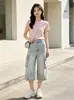 Shorts de Trabalho em Sarja Lavada Color Block com Múltiplos Bolsos para Homens, Novas Calças Cropped Casuais de Pernas Retas de Verão para Mulheres