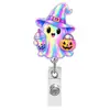 Nuevo Portabecas Acrílico Colorido de Fantasma de Halloween con Pinza de Cocodrilo Retráctil, Carrete Giratorio y Hebilla Retráctil