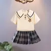 Traje de Verano a la Moda para Niña Elegante Falda JK Conjunto de Dos Piezas Estilo Universitario Solapa Manga Corta Falda Corta Verano Elegante