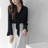 Camisa de manga comprida com gravata borboleta sem passar roupa para comércio exterior para mulheres 2022 primavera e outono nova camisa de chiffon com decote em V para mulheres moda urbana