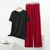 Novo Conjunto Casual Simples de Modal para Casa Camiseta de Manga Curta Calça de Perna Larga com Cadarço Conjunto de Duas Peças Tamanho Grande Solto