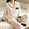 Pijama de Algodão Imitado para Mulheres, Manga Longa e Calça Longa, Cardigã para Primavera e Outono, Estilo Casual Simples de Alta Qualidade, Conjunto de Pijama Plus Size para Mulheres
