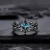 Nuevo Anillo de Moda Huajie Transfronterizo Temu Pistola Negra Incrustado Anillo de Diamante Azul Marino Joyería de Compromiso Europea y Americana Ins para Mujeres