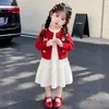 Conjunto de vestido cárdigan con lazo de gato estilo coreano para niñas, nuevo y elegante conjunto de dos piezas para niñas pequeñas 2026