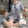 Verão Novo Estilo Fio de Seda Gelo Canelado Decote Redondo Aberto Manga Curta Shorts Pijama Conjunto Feminino Roupa de Casa Estilo Fino com Bojo