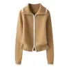 Abrigo de Lana Patchwork Bloque de Color Doble Cremallera Solapa para Mujer Holgado Versátil Viaje Ceñidor de Cintura Cardigan 100% Lana Pura Grueso