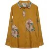 Foto real de camisa de otoño 2026 de algodón y lino con estampado floral grande para mujer, top artístico retro de talla grande holgado de manga larga