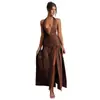 Amazon Comércio Exterior Vestido Sexy Europeu e Americano com Decote V Profundo e Fenda nas Costas Vestido Puro Desejo Menina Quente Gola Halter Sem Mangas