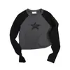 Camiseta de Manga Longa Raglan com Contraste de Strass Estrela Nova para Primavera e Outono 2025 Sexy Simples Quente