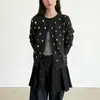 Cardigã de tricô vintage estilo francês, bolinhas cinza escuro, manga longa, para mulheres, novo top jaqueta suéter gola redonda para outono e primavera