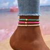 Tobillera tejida a mano con forma de corazón de cuentas de arroz, Joyería para el pie elástica colorida simple y creativa para mujer, Versátil estilo playa de moda de verano