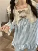 Pijama estampado para meninas, estilo simples com laço, para primavera e outono, conjunto de duas peças com renda, manga longa e calça comprida, pode ser usado como roupa de casa