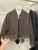 Jaqueta curta patchwork listrada falsa de duas peças com gola baseball para mulheres, bainha com cordão de outono, jaqueta bomber casual solta, moderna