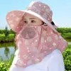 Sombrero de ala ancha para exteriores para mujer, chal de verano integrado, sombrero de pescador, máscara parasol, sombrero solar anti-ultravioleta para montar, sombrero para recoger té