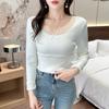 Blusa Térmica com Forro de Lã para Mulheres no Inverno, Splicing de Renda Espessada, Camada de Base Integrada de Lã com Manga Longa, Camisa Slim