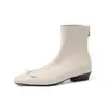 Directo de fábrica~Botines ajustados elásticos color beige con cremallera trasera, nuevo estilo principios de otoño 2026, piel elástica, tacón grueso, forro de felpa