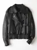 Chaqueta de cuero genuino HN6133, piel de cordero curtida completamente al vegetal, solapas dobles, doble cremallera, dobladillo elástico, chaqueta de motociclista estilo europeo y americano