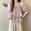 Camisa Cuadrada de Manga Abullonada Estilo Francés Talla Grande para Mujer, Moda de Verano, Blusa de Alto Gama Estilo Muñeca, Favorecedora para Mujeres con Curvas, Top Adelgazante